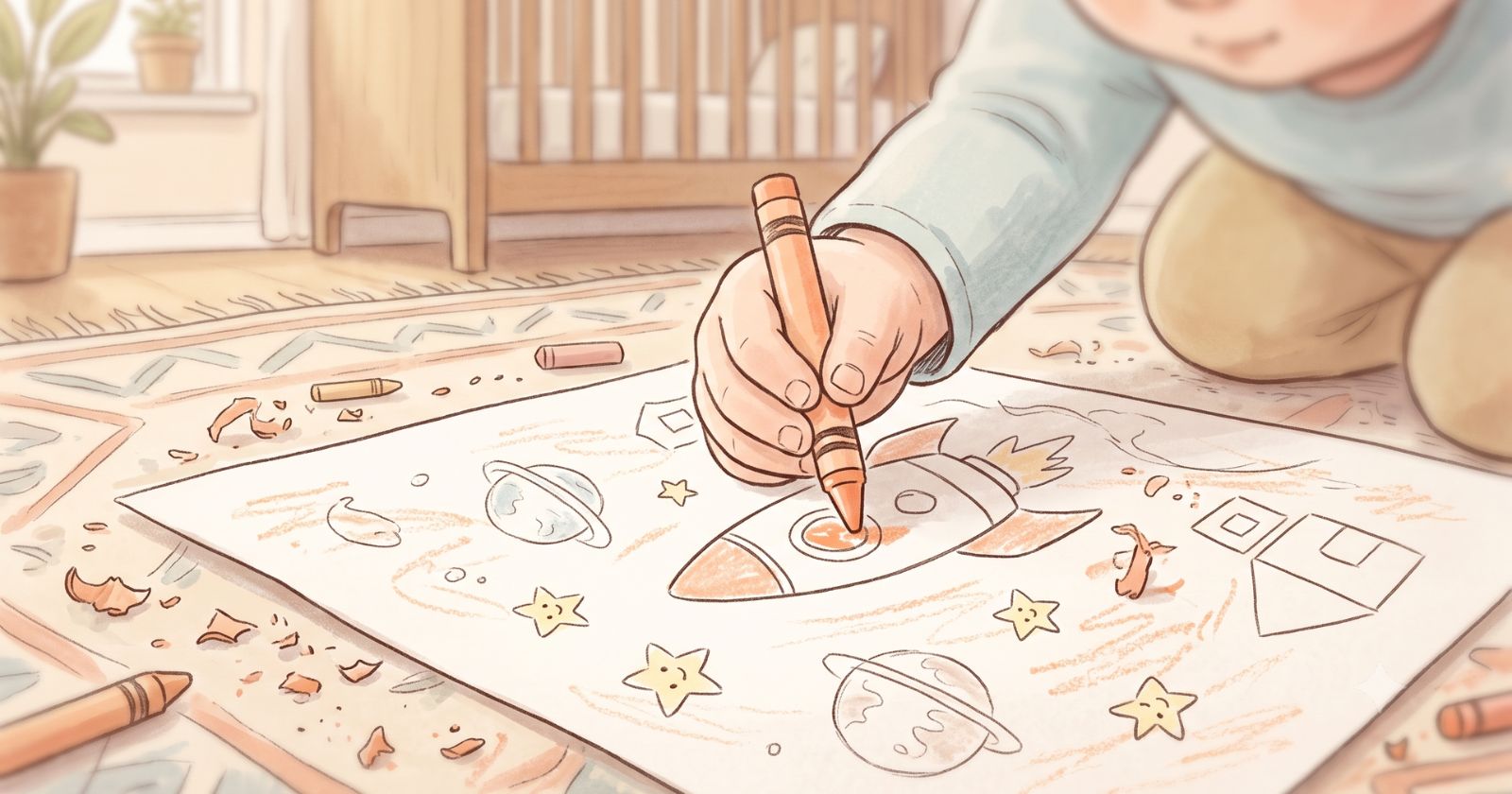 A close-up of a child's hand gripping a crayon, carefully colouring a rocket and planets on paper