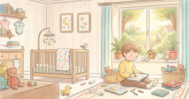 A child sitting quietly by a window, colouring alone at their own pace, with a nursery cot in the background