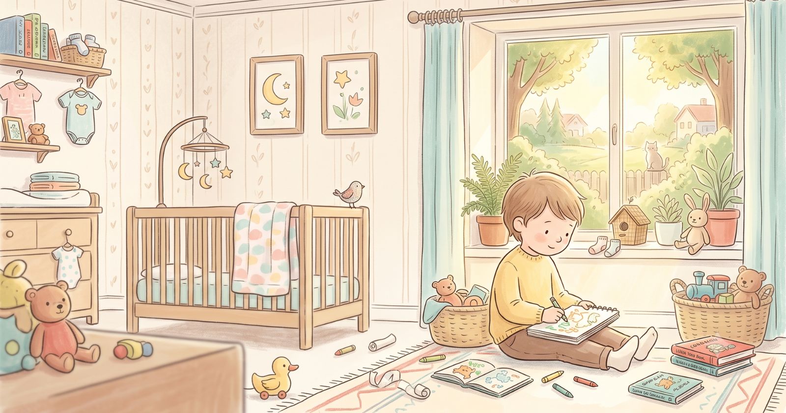 A child sitting quietly by a window, colouring alone at their own pace, with a nursery cot in the background