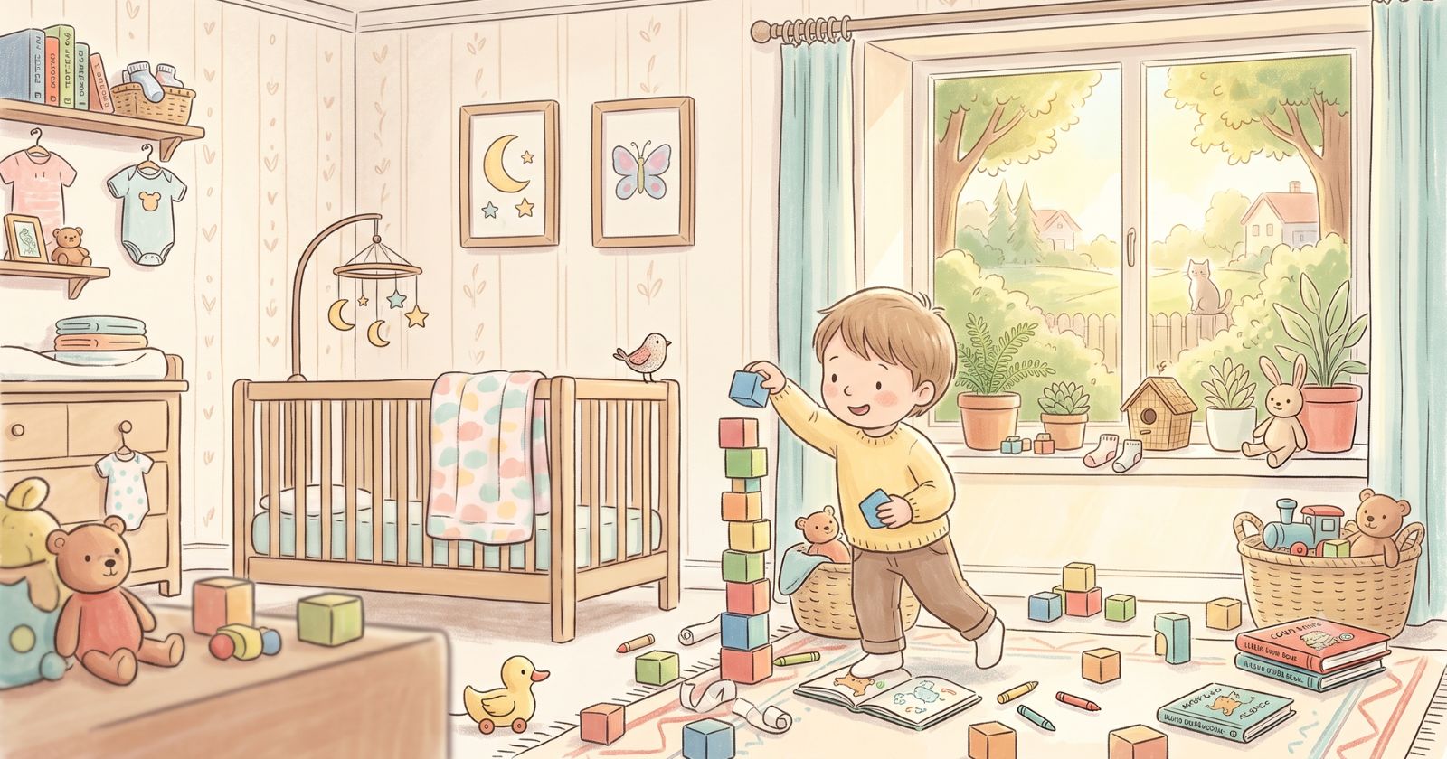 A child joyfully stacking colourful wooden blocks in child-led, unstructured play, surrounded by crayons and drawings