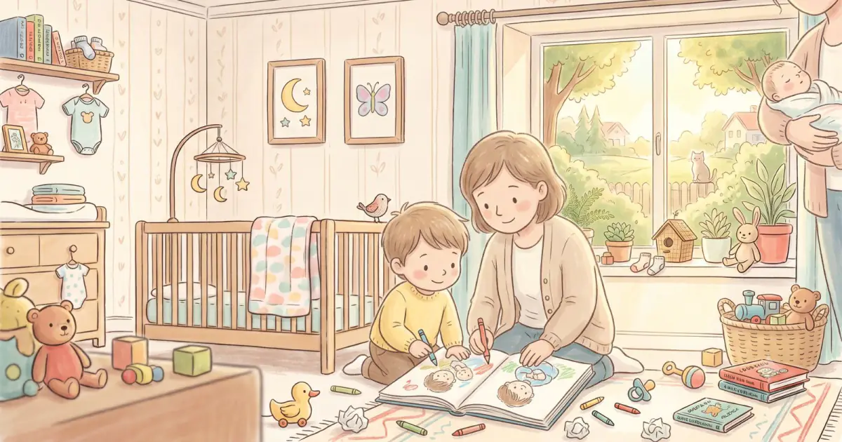 A parent and child colouring together on the rug, with a caregiver gently holding a new baby nearby