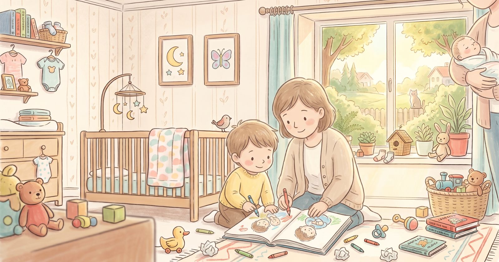 A parent and child colouring together on the rug, with a caregiver gently holding a new baby nearby