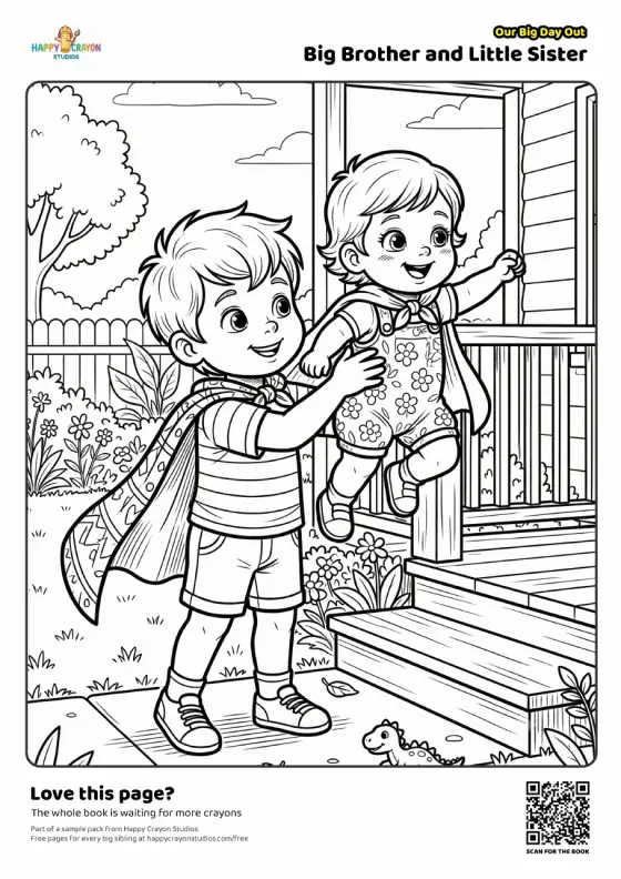 Free colouring page from Our Big Day Out: a big brother in a superhero cape lifting his little sister