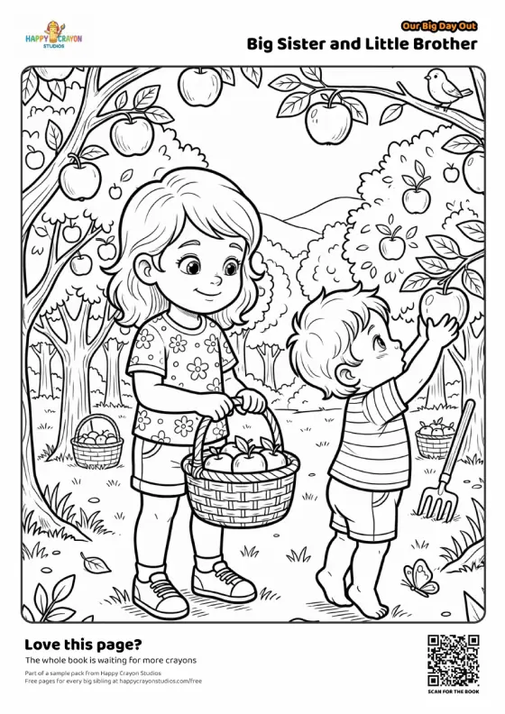 Free colouring page from Our Big Day Out: a big sister and little brother picking apples in an orchard