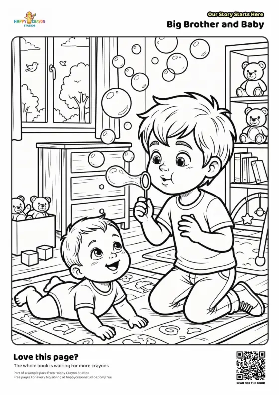 Free colouring page from Our Story Starts Here: a big brother blowing bubbles beside his crawling baby sibling