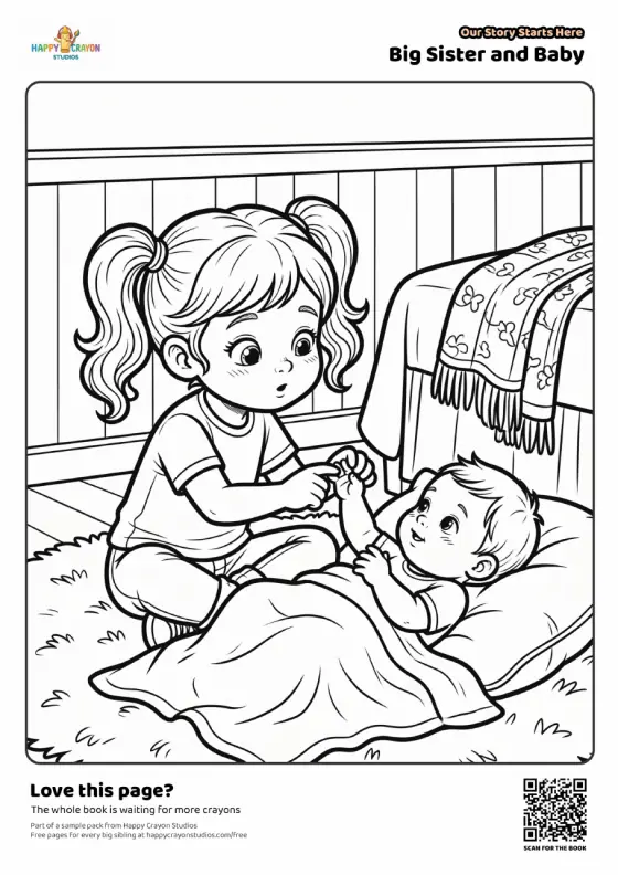Free colouring page from Our Story Starts Here: a big sister holding her baby sibling's hand on a cosy cushion