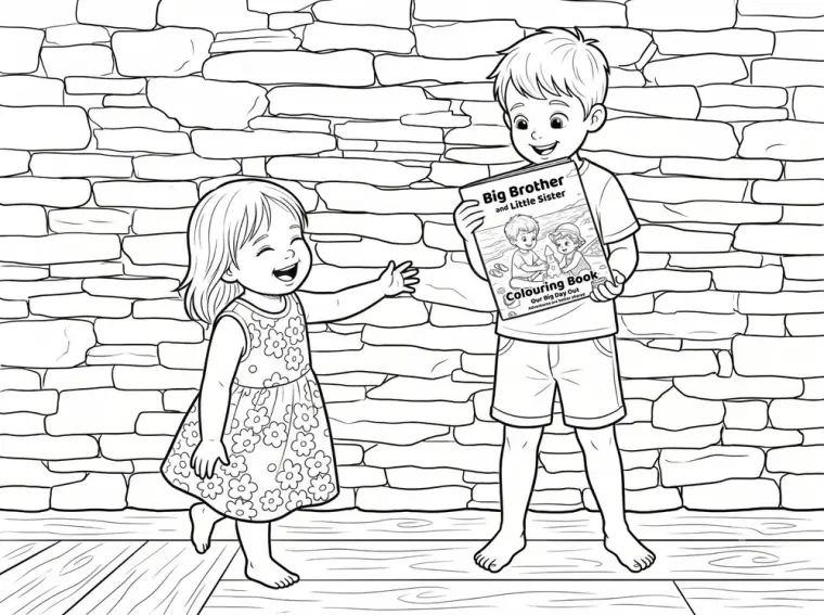 Colouring page of a big brother holding up the Big Brother and Little Sister book while his little sister laughs beside him