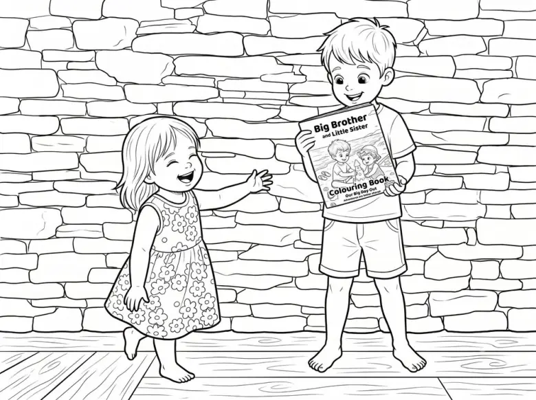 Colouring page of a big brother holding up the Big Brother and Little Sister book while his little sister laughs beside him
