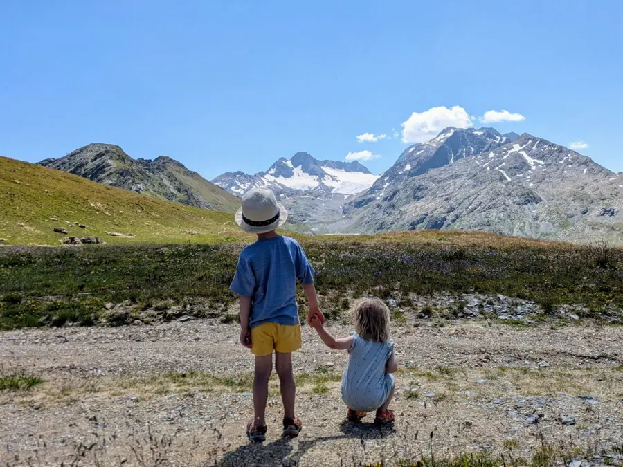 Two young children holding hands, seen from behind, looking out at a sunlit mountain landscape